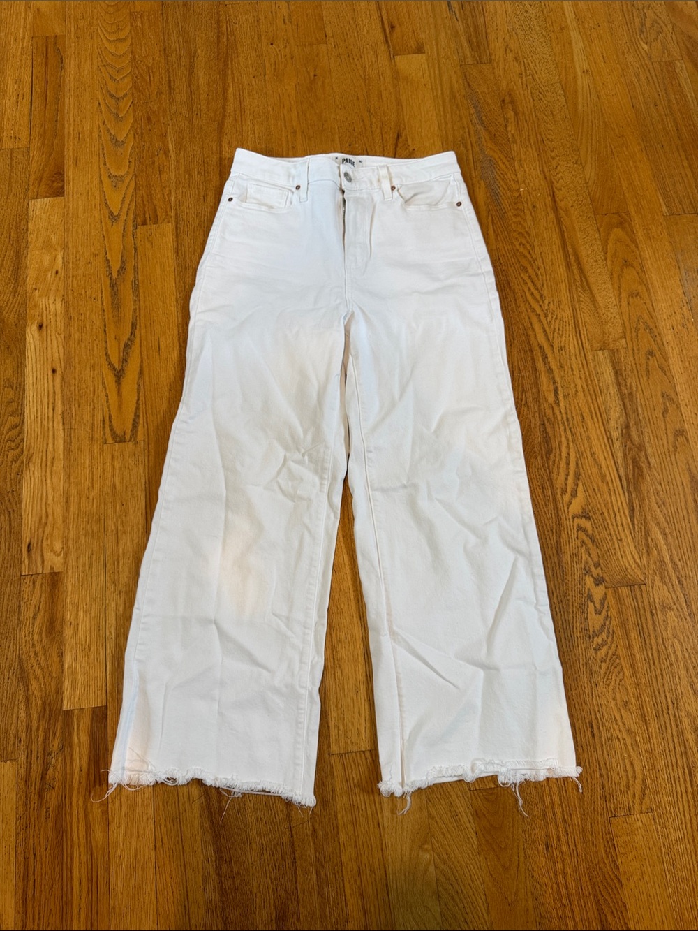 PAIGE White Wide Leg Jeans with Raw Hem Women’s 28 - Picture 2 of 5